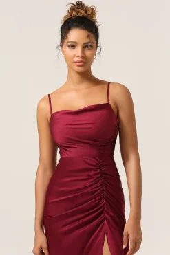 Simples Sereia Esparguete Correias Borgonha Vestido Longo Madrinha com Frente Dividida