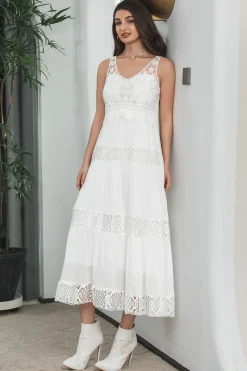 Simples Tea-length Lace White Sleeveless Boho Beach Holiday Dress