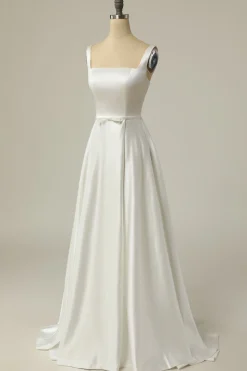 Simples um vestido de noiva branco de pescoço quadrado quadrado branco longo