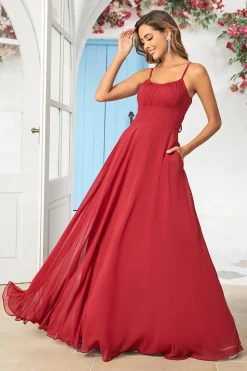 Simples Uma Linha Esparguete Correias Borgonha Vestido Longo Madrinha