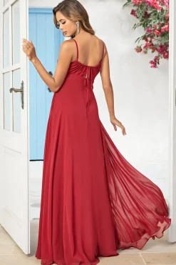 Simples Uma Linha Esparguete Correias Borgonha Vestido Longo Madrinha