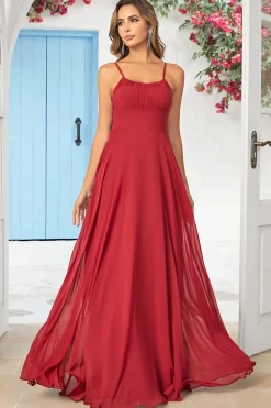 Simples Uma Linha Esparguete Correias Borgonha Vestido Longo Madrinha