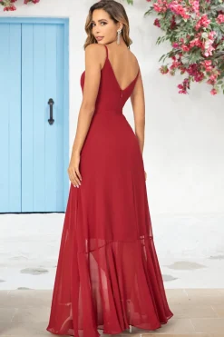 Simples Uma Linha Esparguete Correias Borgonha Vestido Longo Madrinha com Folhos