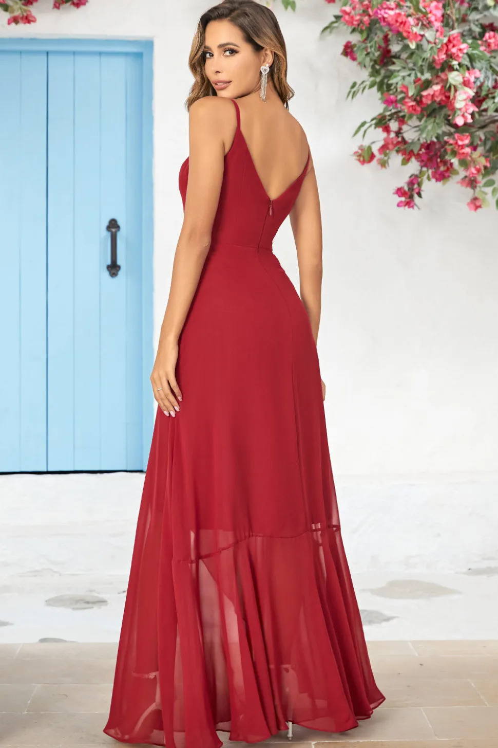 Simples Uma Linha Esparguete Correias Borgonha Vestido Longo Madrinha com Folhos
