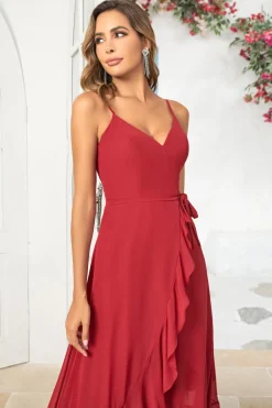 Simples Uma Linha Esparguete Correias Borgonha Vestido Longo Madrinha com Folhos