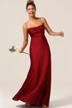 Simples Uma Linha Lace-Up Back Borgonha Vestido Longo Madrinha com Criss Cross Back