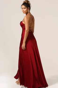 Simples Uma Linha Lace-Up Back Borgonha Vestido Longo Madrinha com Criss Cross Back