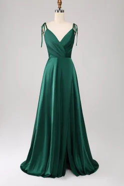 Simples Verde Escuro Alças Esparguete Ruched Prom Dress com Fenda