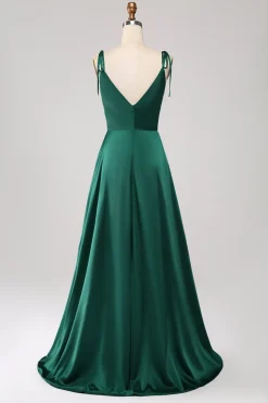 Simples Verde Escuro Alças Esparguete Ruched Prom Dress com Fenda