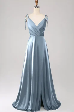 Simples Verde Escuro Alças Esparguete Ruched Prom Dress com Fenda