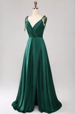 Simples Verde Escuro Alças Esparguete Ruched Prom Dress com Fenda