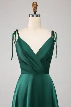 Simples Verde Escuro Alças Esparguete Ruched Prom Dress com Fenda