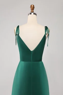 Simples Verde Escuro Alças Esparguete Ruched Prom Dress com Fenda