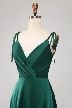 Simples Verde Escuro Alças Esparguete Ruched Prom Dress com Fenda