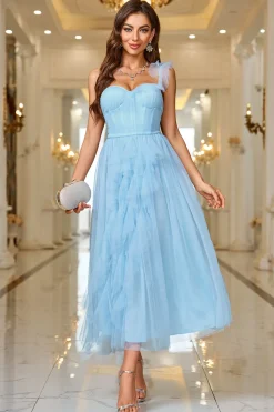 Sky Blue A Line Corset One Shoulder Prom Dress