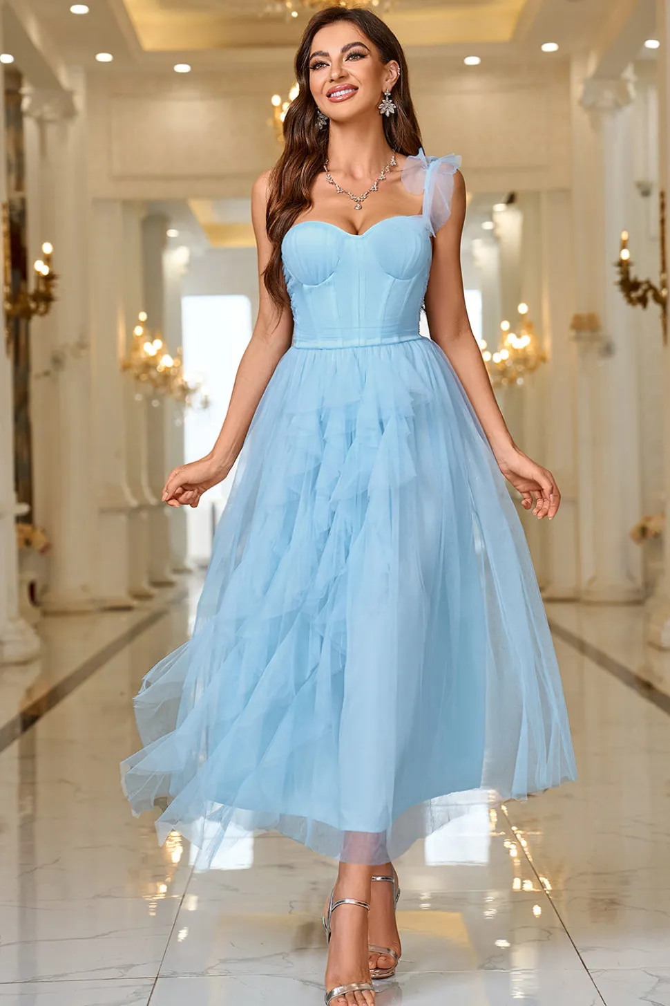 Sky Blue A Line Corset One Shoulder Prom Dress