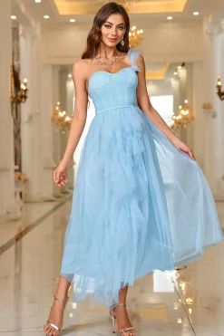 Sky Blue A Line Corset One Shoulder Prom Dress