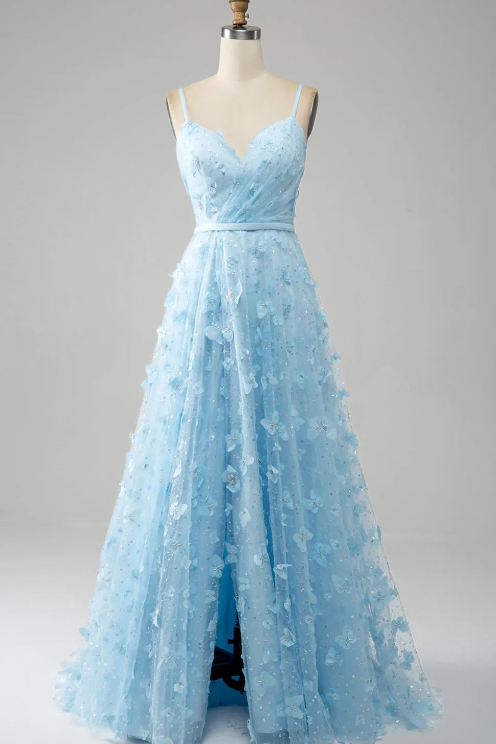 Sky Blue A Line Spaghetti Straps Vestido de baile de formatura com contas brilhantes com borboletas 3D
