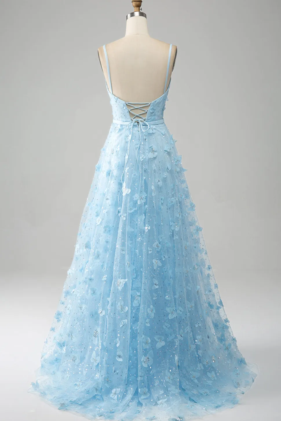 Sky Blue A Line Spaghetti Straps Vestido de baile de formatura com contas brilhantes com borboletas 3D