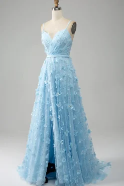 Sky Blue A Line Spaghetti Straps Vestido de baile de formatura com contas brilhantes com borboletas 3D
