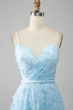Sky Blue A Line Spaghetti Straps Vestido de baile de formatura com contas brilhantes com borboletas 3D