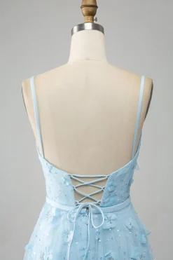 Sky Blue A Line Spaghetti Straps Vestido de baile de formatura com contas brilhantes com borboletas 3D