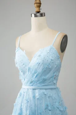 Sky Blue A Line Spaghetti Straps Vestido de baile de formatura com contas brilhantes com borboletas 3D