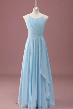 Sky Blue A Line Spaghetti Straps Ruffles Junior Vestido Madrinha