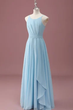 Sky Blue A Line Spaghetti Straps Ruffles Junior Vestido Madrinha