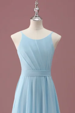 Sky Blue A Line Spaghetti Straps Ruffles Junior Vestido Madrinha
