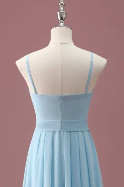 Sky Blue A Line Spaghetti Straps Ruffles Junior Vestido Madrinha