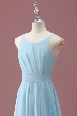 Sky Blue A Line Spaghetti Straps Ruffles Junior Vestido Madrinha