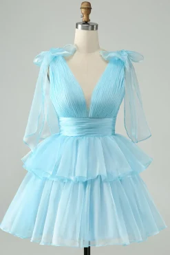 Sky Blue A Line V Neck plissado Tiered Short Homecoming Dress
