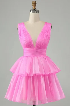Sky Blue A Line V Neck plissado Tiered Short Homecoming Dress
