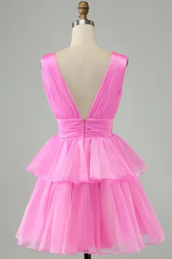 Sky Blue A Line V Neck plissado Tiered Short Homecoming Dress