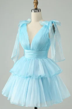 Sky Blue A Line V Neck plissado Tiered Short Homecoming Dress