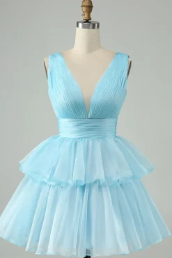 Sky Blue A Line V Neck plissado Tiered Short Homecoming Dress