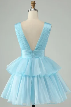 Sky Blue A Line V Neck plissado Tiered Short Homecoming Dress
