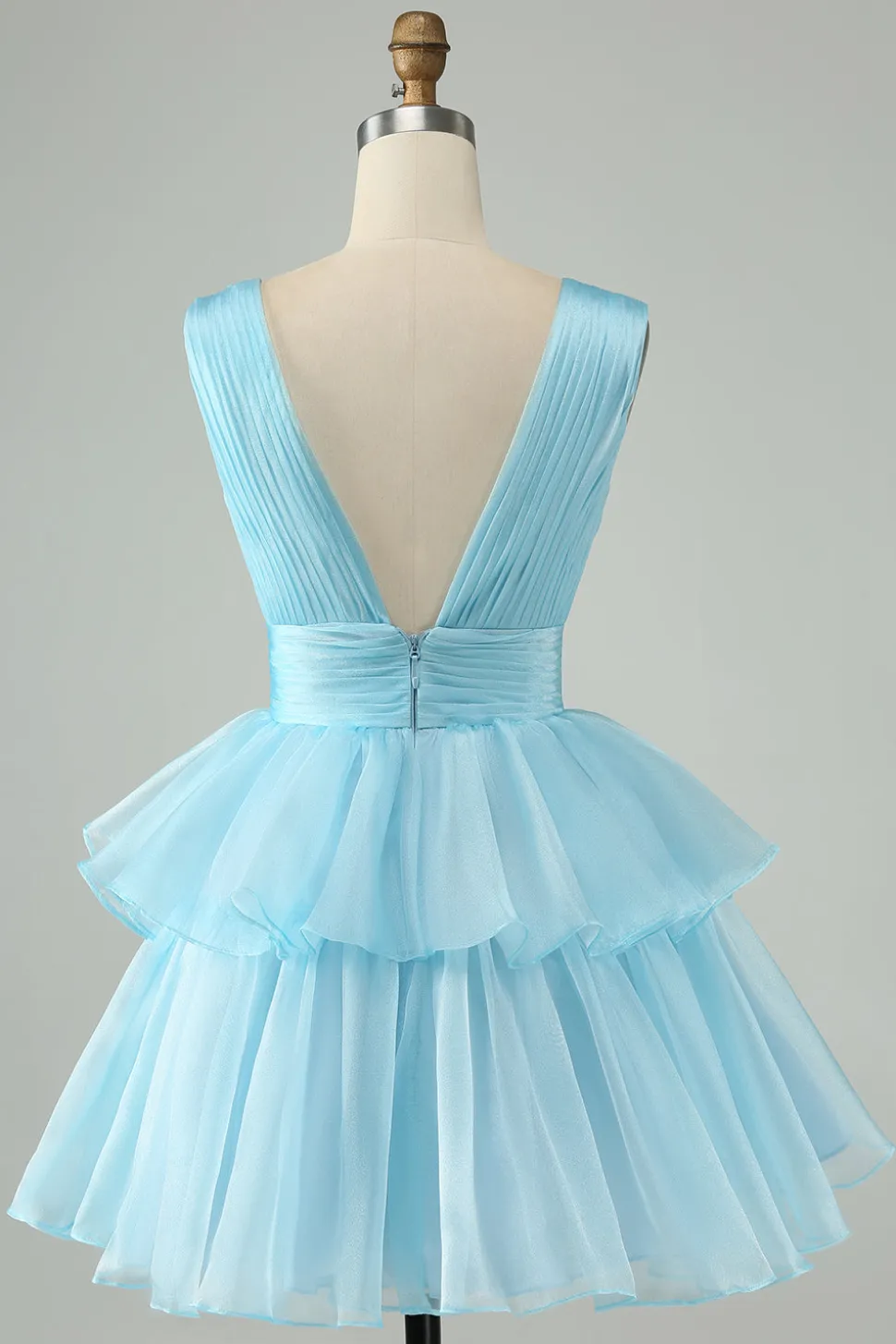 Sky Blue A Line V Neck plissado Tiered Short Homecoming Dress
