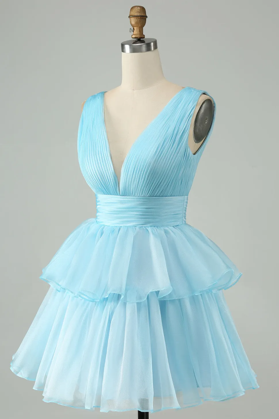 Sky Blue A Line V Neck plissado Tiered Short Homecoming Dress