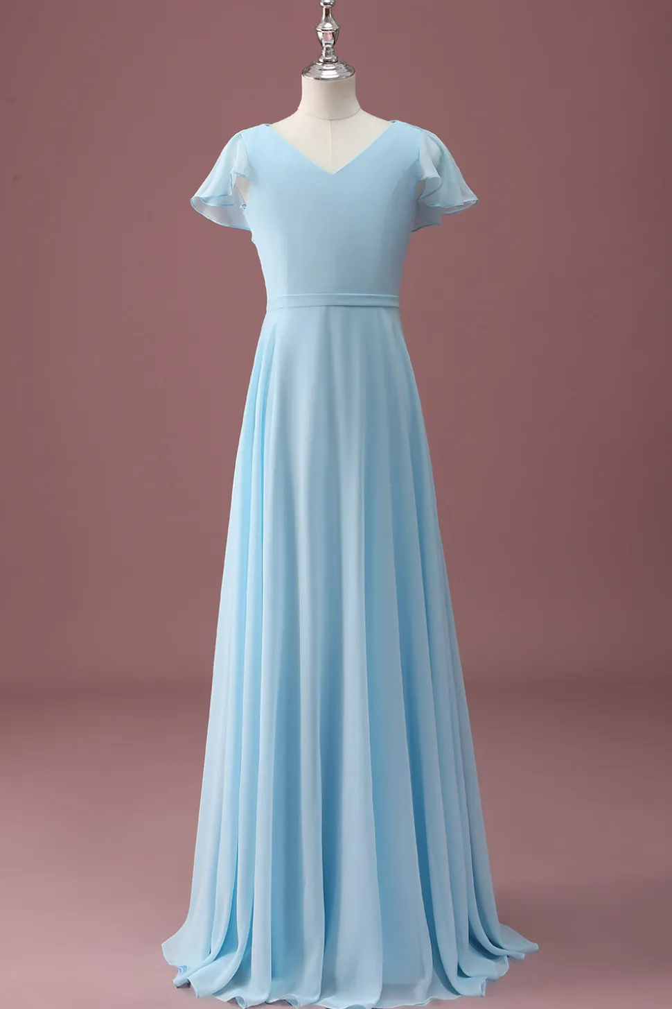 Sky Blue A Line V-Neck Ruched Chiffon Junior Vestido de Dama de Honra