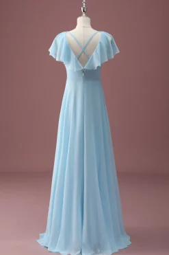Sky Blue A Line V-Neck Ruched Chiffon Junior Vestido de Dama de Honra