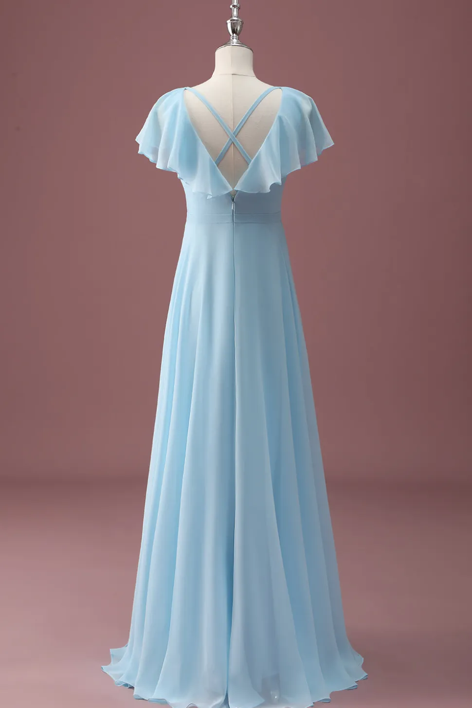 Sky Blue A Line V-Neck Ruched Chiffon Junior Vestido de Dama de Honra
