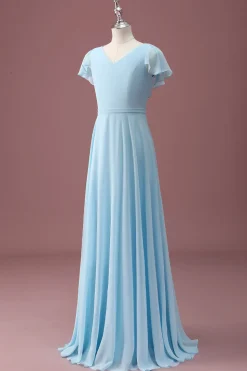 Sky Blue A Line V-Neck Ruched Chiffon Junior Vestido de Dama de Honra
