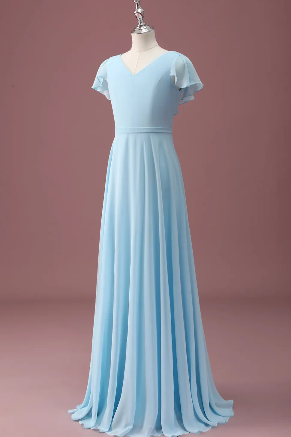 Sky Blue A Line V-Neck Ruched Chiffon Junior Vestido de Dama de Honra