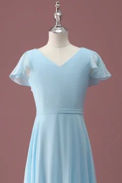 Sky Blue A Line V-Neck Ruched Chiffon Junior Vestido de Dama de Honra