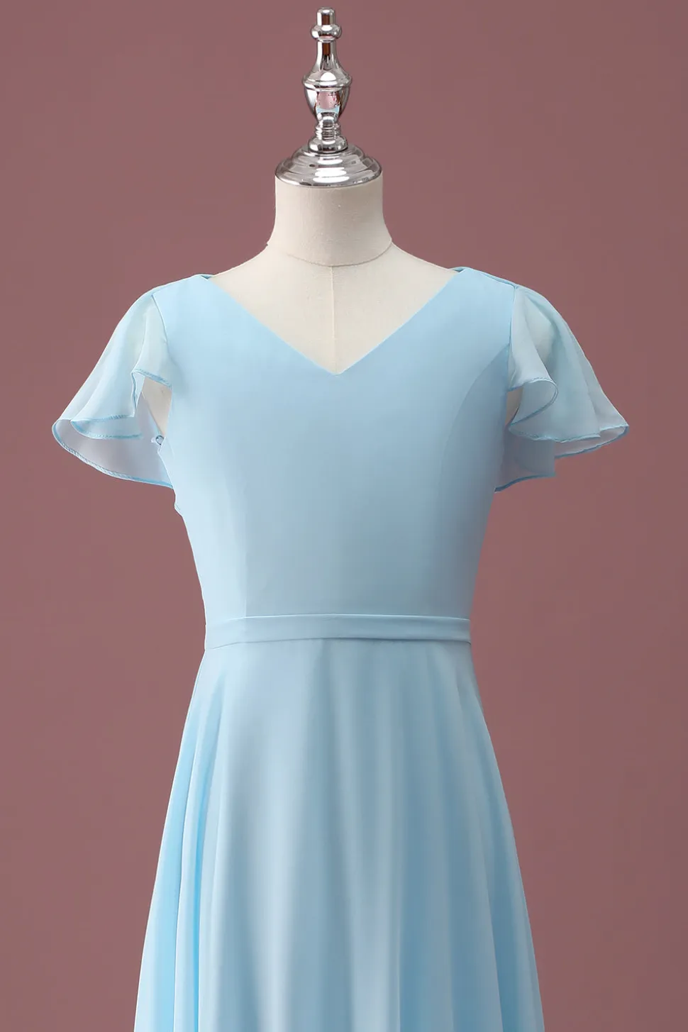 Sky Blue A Line V-Neck Ruched Chiffon Junior Vestido de Dama de Honra
