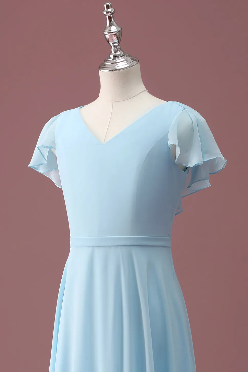Sky Blue A Line V-Neck Ruched Chiffon Junior Vestido de Dama de Honra