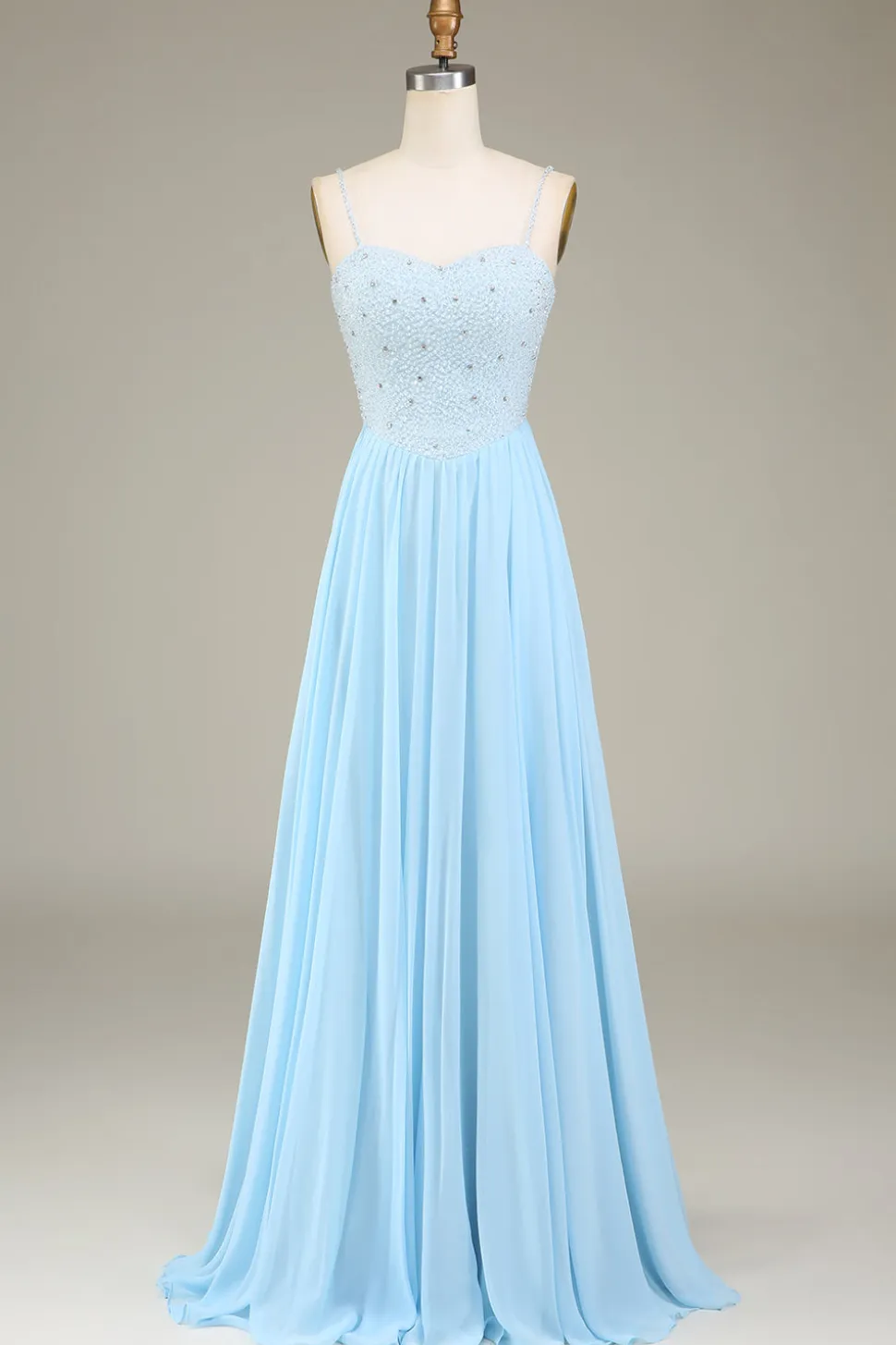 Sky Blue A-Line Espaghetti Correias Chiffon Vestido Longo Madrinha Com Missangas