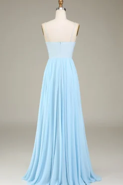 Sky Blue A-Line Espaghetti Correias Chiffon Vestido Longo Madrinha Com Missangas